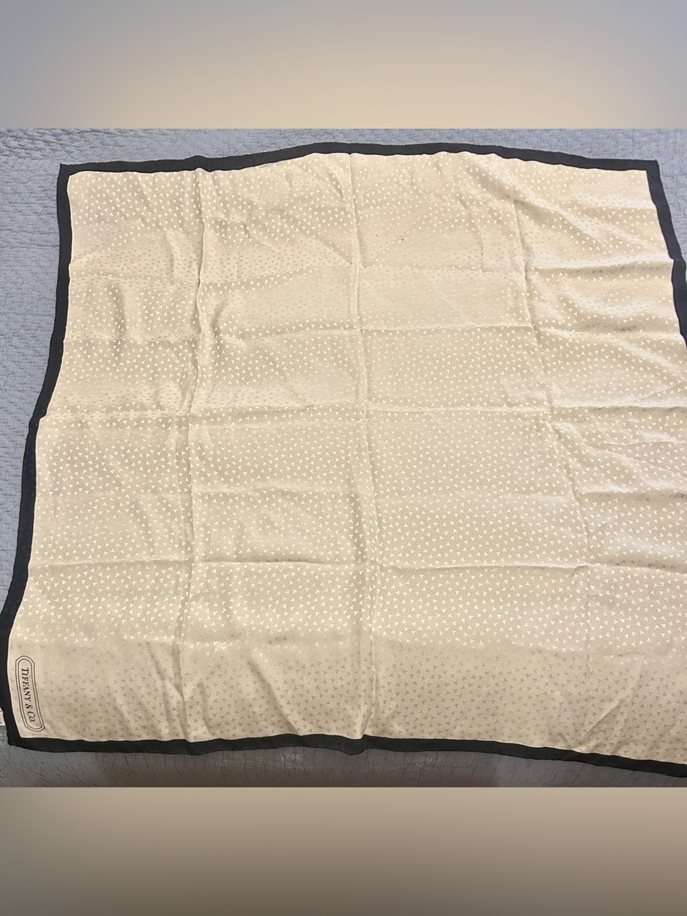 Vintage Tiffany & Co. 100% Silk Square Scarf Ivory Navy Logo Print